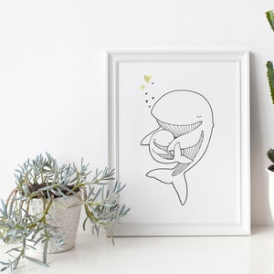 Baleine et Baleineau – Affiche et Carte dorée – Décoration pour Chambre Enfant et Bébé – Trois Petits Potes