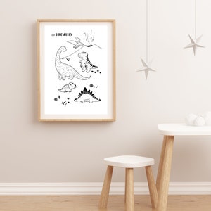 May include: Black and white illustration of dinosaurs on a white background. The illustration includes a stegosaurus, a brachiosaurus, a pterodactyl, and a triceratops. The text "Les Dinosaures" is at the top of the illustration.