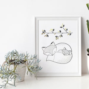 Renarde et renardeau – Affiche et Carte dorée – Décoration pour Chambre Enfant et Bébé – Trois Petits Potes