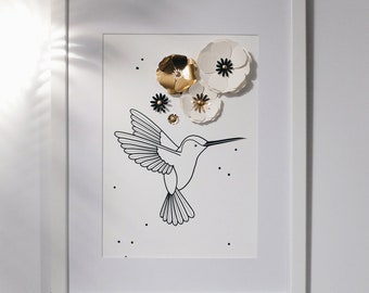 Hummingbird and handcut Flowers – Poster – Wall Decoration for Babies and Children – Trois Petits Potes