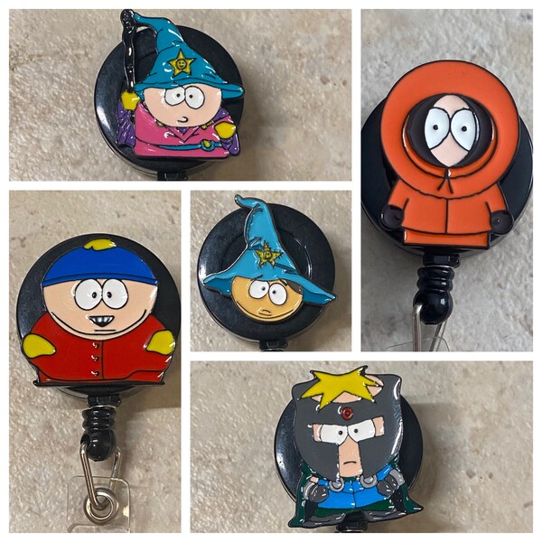 South Park badge reel, id holder, Cartmen, Kenny, chef, Mr. Garrison, Kyle, Stan, raccoon, Tolkien, rn, nurse, medic, teacher, retractable