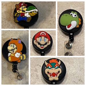 Super Mario bros badge reel, Mario, Luigi, Yoshi, princess peach, Bowser, toad, wario, princess peach, Nintendo, emt, rn, nurse, MD, retract