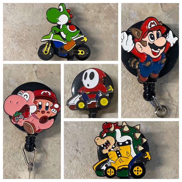 Super Mario bros badge reel, nintendo Mario kart, shy guy, yoshi, wario, Larry koopa, retractable, emt, rn, nurse, doctor, paramedic, teache