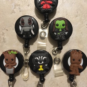Disney guardians of the galaxy badge reel, star lord, groot, gamora, drax, rocket, baby groot, teacher, rn, nurse, paramadic, emt, retractab