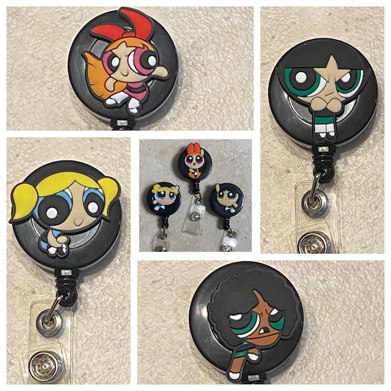 Power Puff Girls Badge Reel Id Holder, Bubbles, Buttercup, Blossom