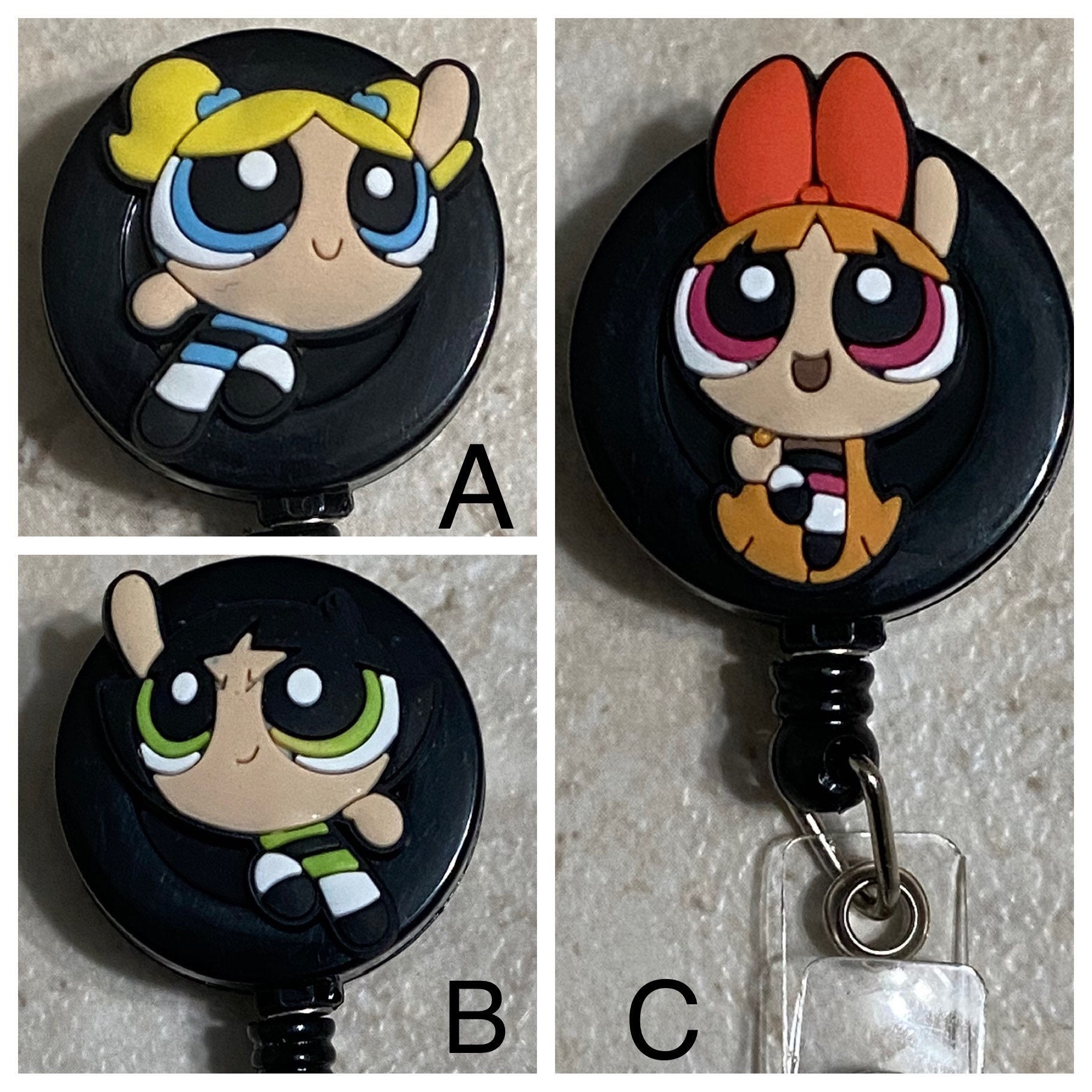 Power Puff Girls Badge Reel Id Holder, Bubbles, Buttercup, Blossom