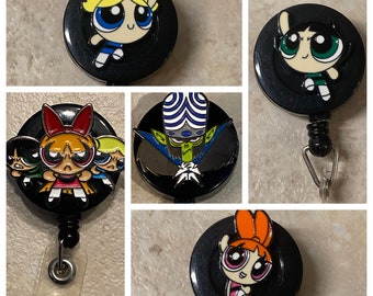 Power Puff Girls Badge Reel, Retractable, Blossom, Buttercup