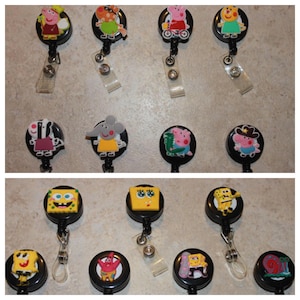 Sponge bob and Peppa Pig badge reel. Characters inlcude patric, geary, george pic, zoe zebra.