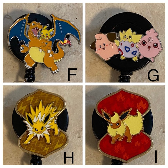 Pokemon badge reel, Pikachu, Charmander, Bulbasaur, Squirtle, Psyduck, Id  Holder