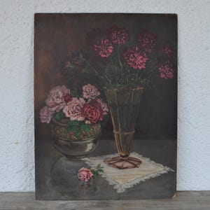 Antique Art Deco Flower Oil Painting Still Life Floral Bouquet Moody Painting Art Nouveau Pink Roses 1920s Original Oil Painting