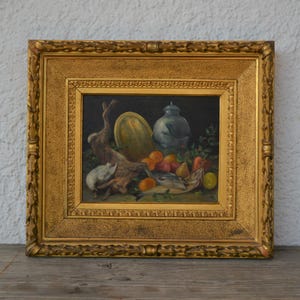 Antique still life oil painting gold frame original oil painting moody still life  antique French still life oil painting hunting scene