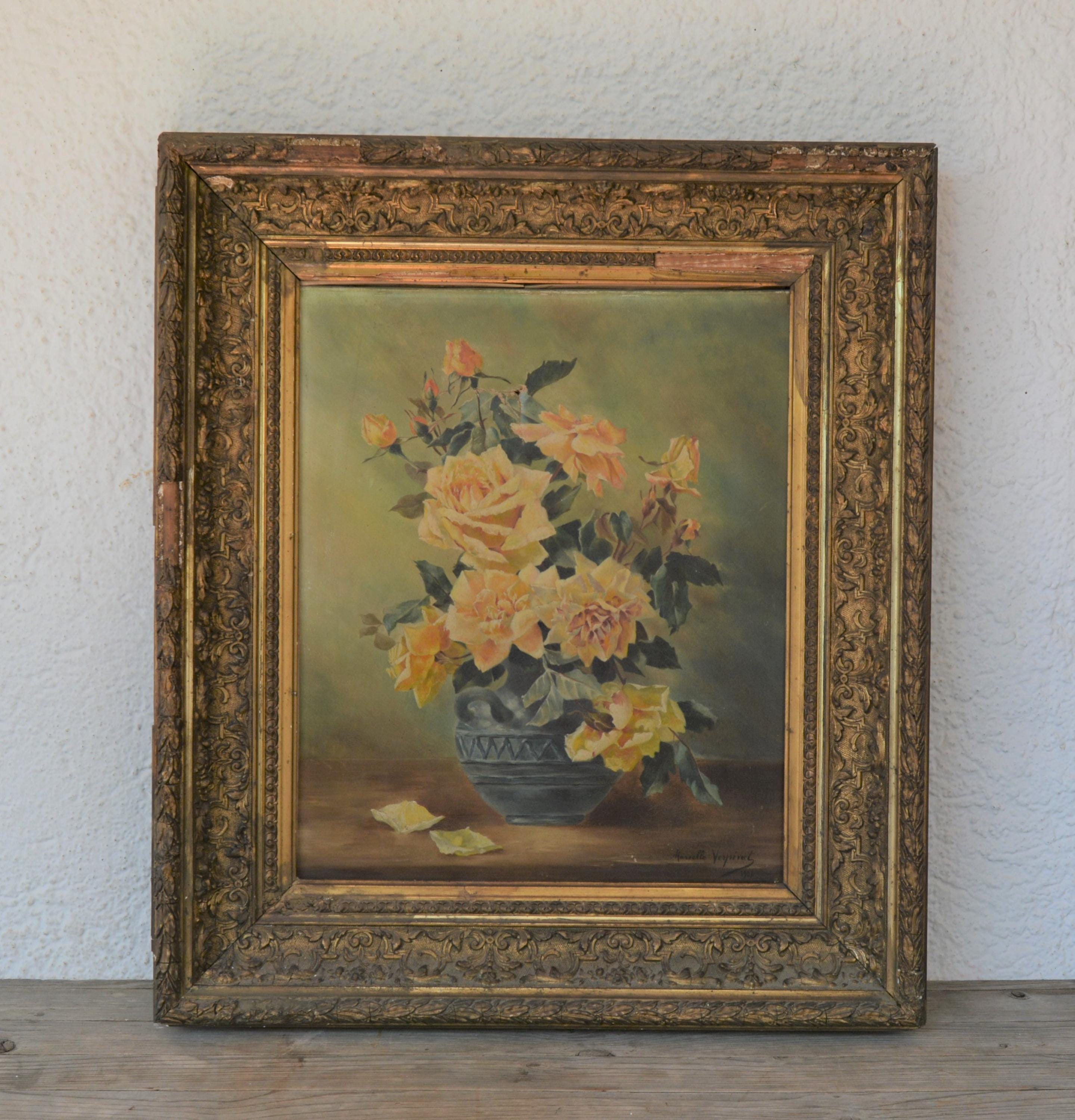 油彩画 原画 額装あり 花の絵 バラ 黄色 静物画 作家サイン入り アンティーク静物油絵 黄色いバラ 署名入り 1900年 油絵 花束 花