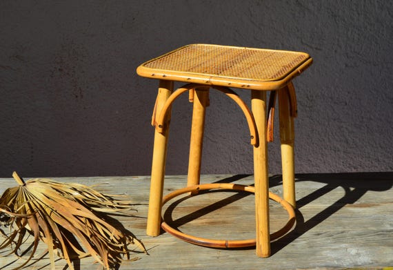 Midcentury Design Bamboo Rattan Cane Stool Side Table 1960 Italy Organic Coastal Tropical Home Bohemien Vintage French Riviera table