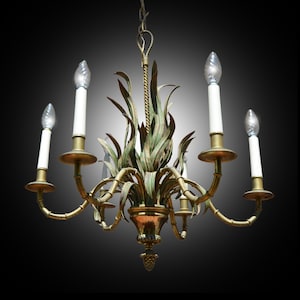 Maison Bagues Chandelier Antique Tole Chandelier Palm Tree Bamboo French Ceiling Light 1970s Hollywood Regency Design Chandelier Tropical