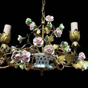 Antique Italian Tole chandelier Tole Ceiling lamp Sevres Capodimonte ceramic roses shabby chic wrought iron rare item lighting