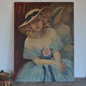 Antique portrait women oil painting, antique women oil painting, flower, Art Deco portrait, female oil paining, French painting Lady
