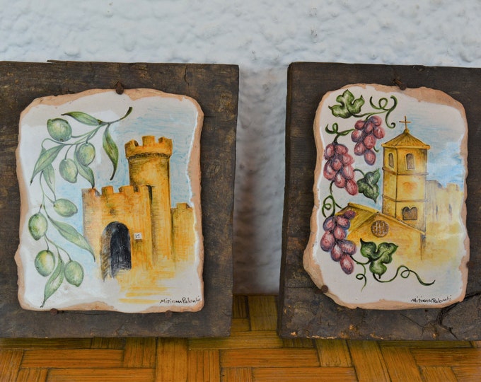 Italian Hand painted Ceramic Art Signed Landscape Wall tiles Made in Italy Tuscan Cottage