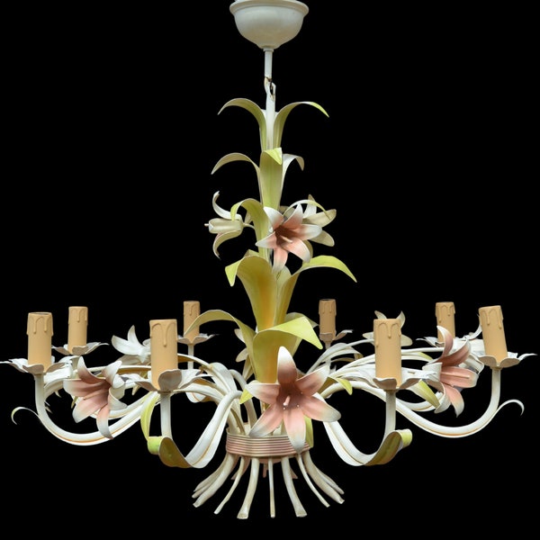 Antique Italian Tole Chandelier Florentine Ceiling Light Wrought Iron Flower Lighting Cottage Lighting French Farmhouse Tuscany Chandelier