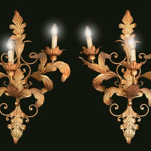 Large XXL Antique Italian Tole Gilded Wall Sconces Hollywood Regency Gilt Metal Wall Sconce Florentine Sconce 1800s Lighting Tole Chandelier
