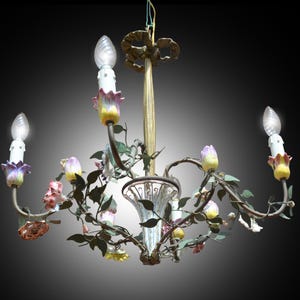 Antique tole chandelier Porcelain flower Capodimonte Sevres Chandelier Art Deco Louis XVI French Romantic Cottage Basket Ceiling Light