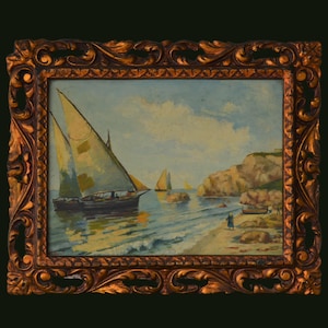 Antique oil painting maritime sailboat sea boat seascape coastal country landscape moody  gold frame carved old painting fisherman signed