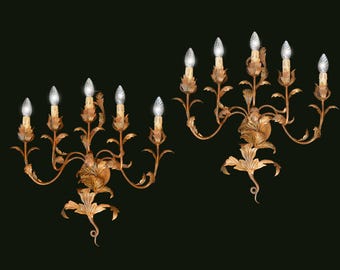 Antique Florentine Tole Gilded Wall Sconces wrought iron leaves Italian Hollywood Regency wall sconces 1920s XXL large 5 arms sconces