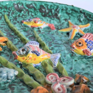 Antique Vietri ceramic relief plate Made in Italy Artistic ceramic wall plate decor Hand made Signed 1950s green fish sea wall decor