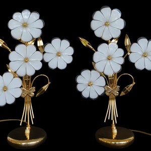 Pair Gold Plated Italian Murano Flower Venini Art-Glass Table Lamps Vintage 1960s Mid Century Table Lamps Chandelier Design Regency Lamp
