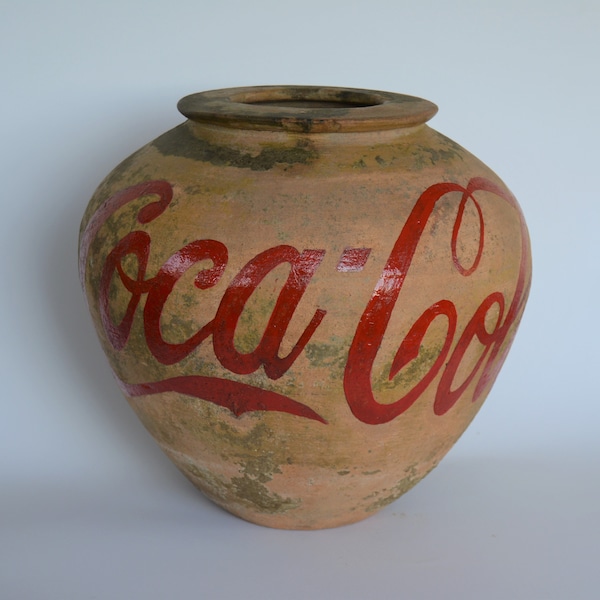 Antique Italian roman Jar Terracotta 1800 with Coca Cola logo design piece of Art hand made design