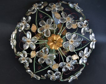 Lampadario Tole di metà secolo con fiori in cristallo Lampadario a incasso Regency Light Lampadario romantico Banci Made in Italy anni '50