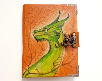 Paintings of dragons, Handmade leather dragon journal, Sketch books, Travel notebook, Hand painted leather diary, Locked diary handmade