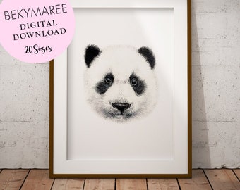 Panda Print, Original Sketch, Digital Download, Nursery Wall Art Decor, Black and White Animal, Kids Room, Cute Panda, Woodlands Decor