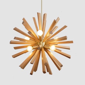 Contemporary Wooden Brass Sputnik Chandelier Burst Light Fixture