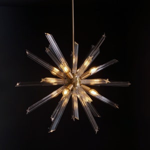 Modernist Murano Glass Triedre Brass Sputnik Chandelier Light Fixture - 28"D