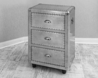 Aviator Aluminum Studded 3 Drawer Bedside Cabinet - Aviator Bedside Stool