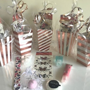Rose Gold Pamper Party Favor Bags: Pre-Filled with 12 Beauty Items
