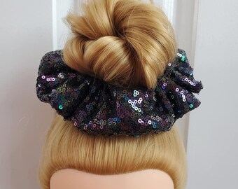 Premium Black Hologram Sequin Scrunchie Large 16cm Diameter 80s 90s Size British Made