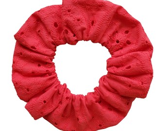 Red Broderie Anglaise Scrunchie Large 16cm Diameter 80s 90s Size British Made