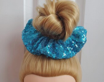 Premium Turquoise Sequin Scrunchie Large 16cm Diameter 80s 90s Size British Made
