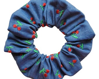 Denim Cherry Embroidered Scrunchie Large 16cm Diameter 80s 90s Size British Made