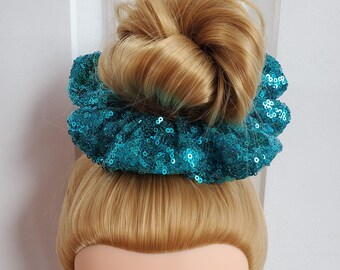 Premium Teal Sequin Scrunchie Large 16cm Diameter 80s 90s Size British Made