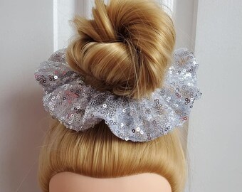 Premium Silver Sequin Scrunchie Large 16cm Diameter 80s 90s Size British Made