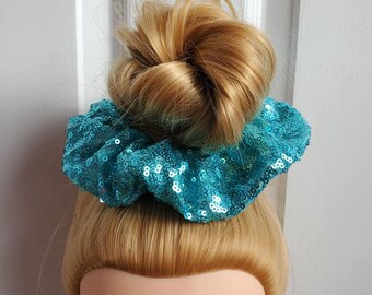 Premium Aqua Sequin Scrunchie Large 16cm Diameter 80s 90s Size British Made