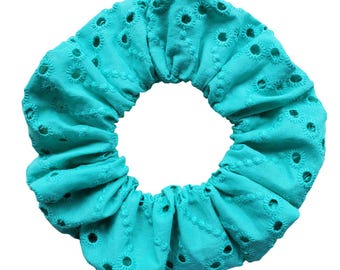 Teal Broderie Anglaise Scrunchie Large 16cm Diameter 80s 90s Size British Made