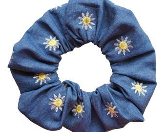 Denim Daisy Embroidered Scrunchie Large 16cm Diameter 80s 90s Size British Made