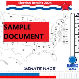 May include: A map of the United States showing the results of the 2024 presidential election. The map is divided into states, each with a number representing the number of electoral votes. The states are coloured red or blue, indicating which candidate won the state. The map also includes a thermometer showing the number of electoral votes needed to win the election. The thermometer is labelled "270" at the top, indicating the number of electoral votes needed to win. The thermometer is filled with red and blue, indicating the number of electoral votes each candidate has won. The map also includes a bar graph showing the results of the Senate race. The bar graph is labelled "Senate Race" and shows the number of seats won by each party. The bar graph is coloured red and blue, indicating the number of seats won by each party.