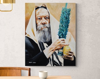 Lubavitcher Rebbe Sukkot Original Oil Painting - Rabbi Menachem Mendel Schneerson, Jewish Art, Four Species