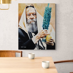 Lubavitcher Rebbe Sukkot Original Oil Painting - Rabbi Menachem Mendel Schneerson, Jewish Art, Four Species