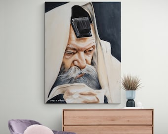 Lubavitcher Rebbe Rabbi Menachem Mendel Schneerson Canvas Print, Chabad Rabbi Art, Judaica Painting, Talit, Tefilin, Jewish Leader Portrait