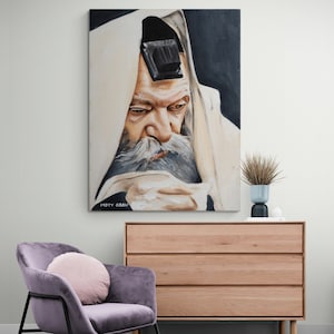 Lubavitcher Rebbe Rabbi Menachem Mendel Schneerson Canvas Print, Chabad Rabbi Art, Judaica Painting, Talit, Tefilin, Jewish Leader Portrait